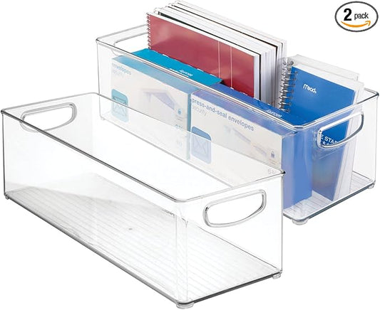 mDesign Plastic Office Supply Organizer - Storage Holder Bin with Handles for Desk Drawer, Cabinet - Pencil, Pen, Envelope and Supplies Container Basket - Ligne Collection - 2 Pack - Clear