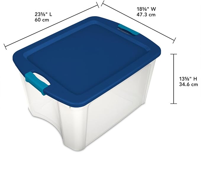 Sterilite 18 Gal Latch and Carry, Stackable Storage Bin with Latching Lid, Plastic Container to Organize Closets, Clear with Blue, 18-Pack