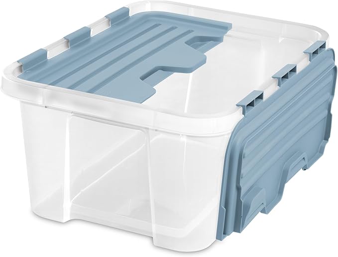 Sterilite 6 Pack Hinged Lid Storage Box, 20 Qt Plastic Container, Washed Blue - Home Organizer Tote for Storing Shoes, Crafts, Clothing, or Decor