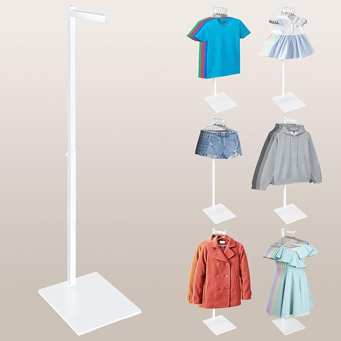 Standing Clothes Rack, 21" - 36" Height Adjustable Clothes Hanger Stand, Metal Clothes Rack, Clothing Display Rack, Garment Display Stand for Thrift Shops and Retail Store, White, 1Pack