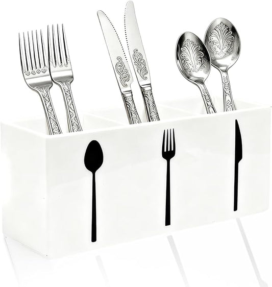 Acrylic Cutlery Storage Organizer Bin,3 Section Silverware Caddy with Spoon Fork Organizer, Clear Plastic Utensil Holder for Kitchen Countertop, Cabinet, Dining Room (White)