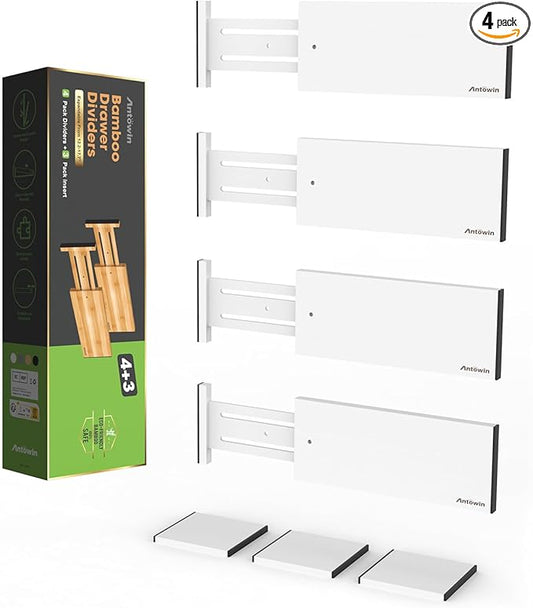 ANTOWIN 4 Pack Expandable Drawer Dividers, 4.7'' High, Extend from 12.2'' to 17.7'', Dresser Drawer Organizers, Bamboo Separators for Kitchen, Bedroom, Office, Bathroom (White)