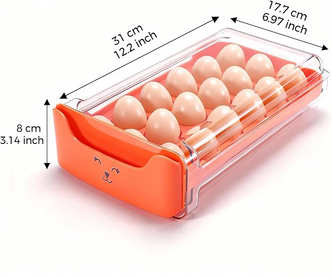 Egg-Holder for Fridge, 18-Count Egg-Storage for Refrigerator Countertop, 1 Tier Dispenser with Drawer, Stackable Clear Egg Tray Container, Egg Organizer, Fits Large Eggs, Orange