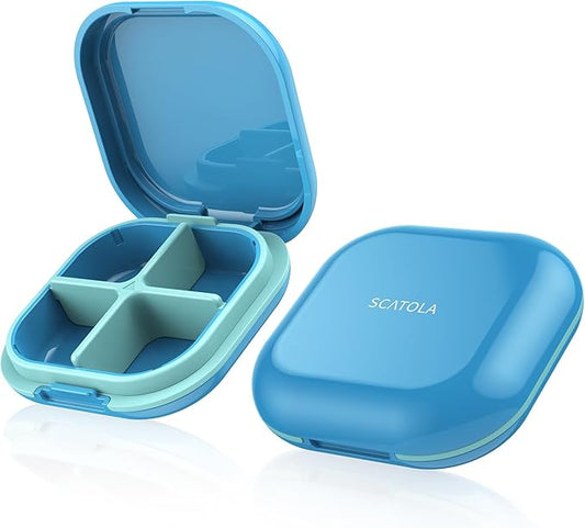 Daily Pill Organizer 4 Compartments, Small Pill Box Portable Travel Pill Case, Mini Pill Container for Purse Pocket, Compact Travel Medicine Organizer for Vitamin, Cod Liver Oil, Supplement (Blue)