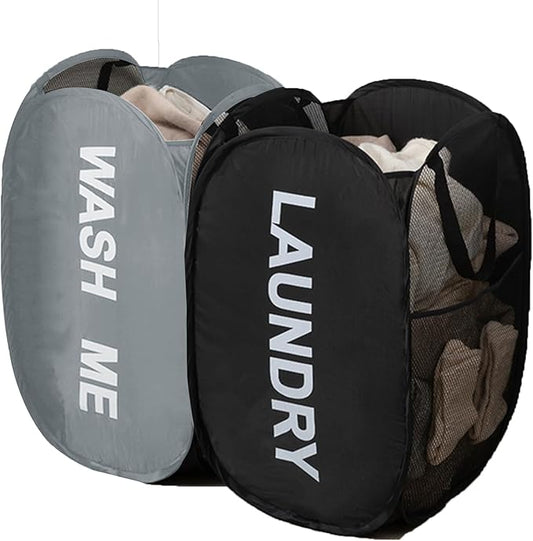 Collapsible Mesh Pop Up Laundry Hamper 2Pack Foldable Laundry Basket for clothing, stuffed animals, towels, for Laundry Room, Dorm, Apartment (Black+Grey)
