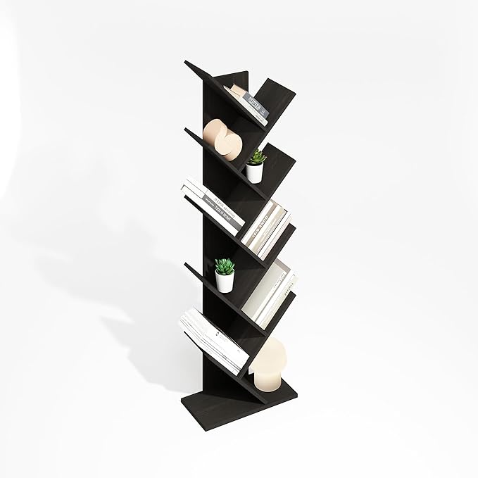 Furinno Tree Book Shelf, 9-Tier Bookshelf, Tree Bookcase for Room Decor, 8.4 x 15.7 x 50.9, for Living Room, Bedroom, Home Office, Black Espresso