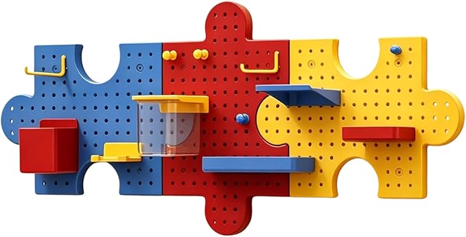 Pegboard Wall Organizer, Puzzle Modular Plastic Storage System with Hooks Shelves Boxes, Colorful Red Yellow Blue, 33.1 x 9.4 Inches, Wall Decor for Entryway Home Office Kids Room Craft Area