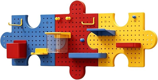 Pegboard Wall Organizer, Puzzle Modular Plastic Storage System with Hooks Shelves Boxes, Colorful Red Yellow Blue, 33.1 x 9.4 Inches, Wall Decor for Entryway Home Office Kids Room Craft Area