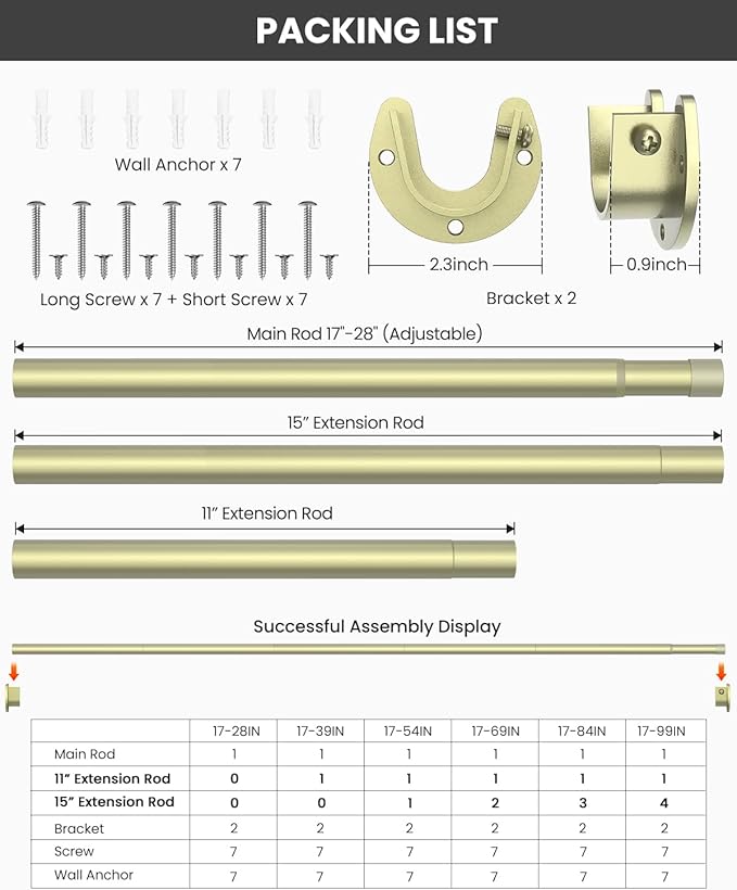Supforce Closet Rods for Hanging Clothes, 17 to 28 Inches Stepless Adjustable Metal Closet Rod, 1.3 Inches Heavy Duty Clothes Hanging Rod for Closet Wardrobes Laundry RV, Verdant Gold