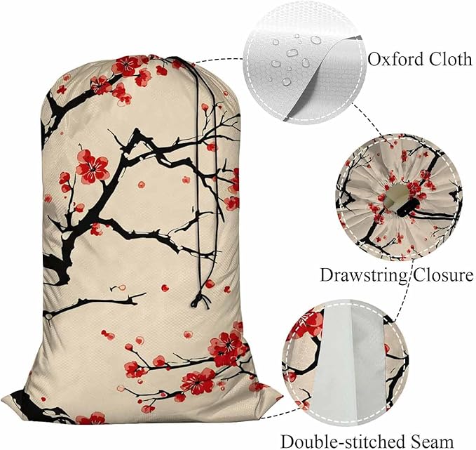 Swono Cherry Blossom Heavy Duty Large Laundry Bags 1 Pack, 28x40 inch Red Floral Branches Spring Blooming Drawstring Travel Organizer Bag, Tear Resistant Dirty Cloth Storage, 4 Loads of Clothes, Beige