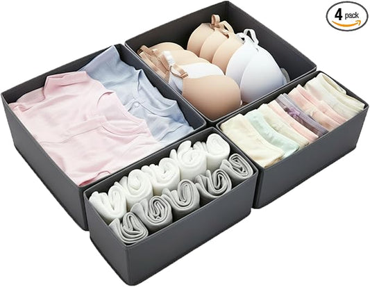 Drawer Organizer for Clothes & Underwear - 4-Pack Fabric Storage Bins with Zipper Bottom | Bra Drawer Organizer & Sock Organizer for Dresser - Foldable Baby Clothes Organizer Set, Grey