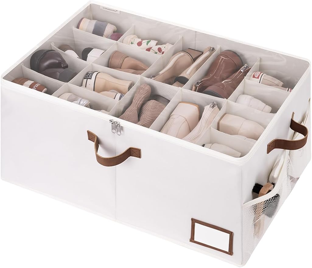 StorageWorks Shoe Organizer for Closet, Shoe Storage with Side Mesh Pocket, Shoe Closet Organizer With Clear Cover, Storage Shoe Containers for Sneakers and Sandals, Fits up to 20 Pairs, Beige