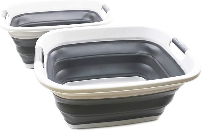 SAMMART Set of 2-31L (8.1 Gallon) Collapsible Plastic Laundry Basket-Pop Up Storage Container-Portable Washing Tub-Space Saving Hamper/Basket, Water Capacity: 23L (6 Gallon) (2, Light Grey)