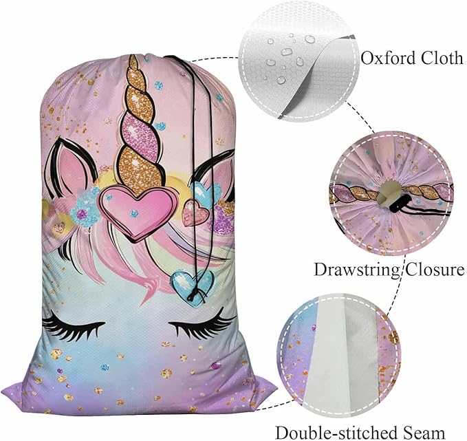 Swono Unicorn Laundry Bags with Locking Drawstring Closure 28" x 40", Colorful Sparkle Diamonds Heart Shapes Long Eyelash Versatile - Multi Use, Pink Blue