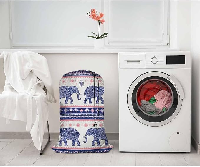 Swono Ethnic Elephant Extra Heavy Duty Laundry Bag, Indian Style Lotus Floral X-Large Dirty Clothes Drawstring Bag with Tear Resistant Fabric, Washable Laundry Liner for Hamper, Ideal for Camp, Travel