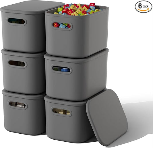 ORGIDOL 6 Pack Grey Storage Bins with Lids Stackable Storage Container for Organizing, Storage Boxes with Handle for Shelves, Cute Organizer Bins for Craft, Snacks, 9.85x6.9x5.7 inch