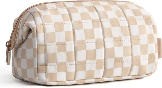 BAGSMART Makeup Bag Travel Toiletry Bag, Puffy Padded Make Up Bags for Women Makeup Organizer Case, Wide-open Pouch Purse Travel Essentials Toiletries Accessories Brushes, Checkered Khaki