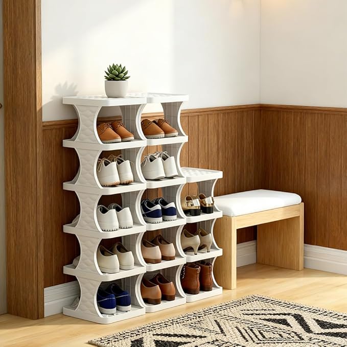Stackable Shoe Rack,Modular Shoe Organizer,Freely Adjustable Multi-Tier Shoe Rack, Shelf Free Stackable DIY - Space Saving Storage (3 Tier)