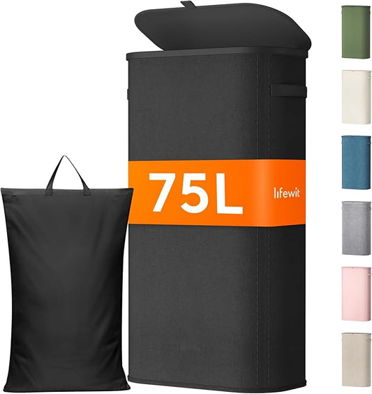 Lifewit 75L Slim Laundry Basket with Lid, Narrow Large Laundry Hamper with Plastic Handles and Removable Bag, Tall Foldable Dirty Clothes Hampers for Laundry Room, Bedroom, Bathroom, Dorm, Black