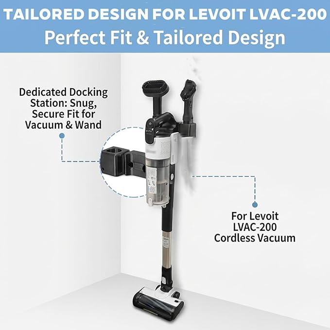 Wall Mount Storage Holder Organizer for Levoit LVAC-200 Cordless Vacuum,Space-Saving Accessory Docking Station Bracket for Extension Wand,Floor Brush&Crevice Tools,Stable&Compact,Easy Installation