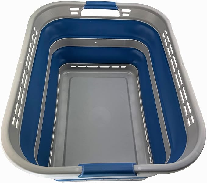 SAMMART 42L (11 gallons) Collapsible Plastic Laundry Basket - Portable Pop Up Storage Container/Organizer - Portable Hamper - Space Saving Easy Storage (Grey/Mist Blue)