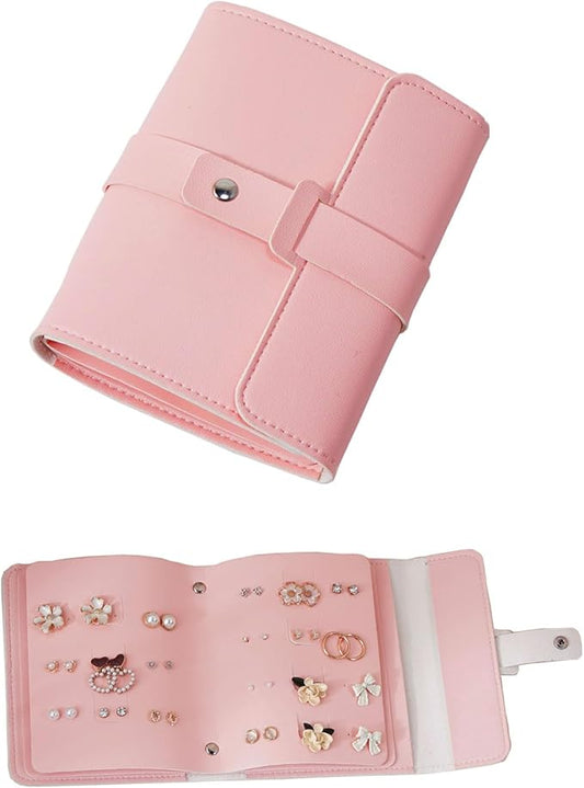 LAKE OF FIRE Earring Holder Organizer with Foldable Book Design Jewelry Book Organizer, Portable Pu Leather Travel Earring Case(Pink)