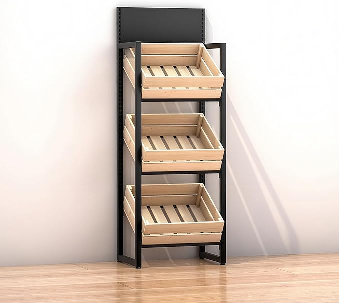 3/4 Tier Fruits & Vegetables Kitchen Shelf Rack Display,Retail Snack Stand, Large Solid Wood Floor Multi-layer Storage Frame for Commercial Supermarket(A-3 Tier)