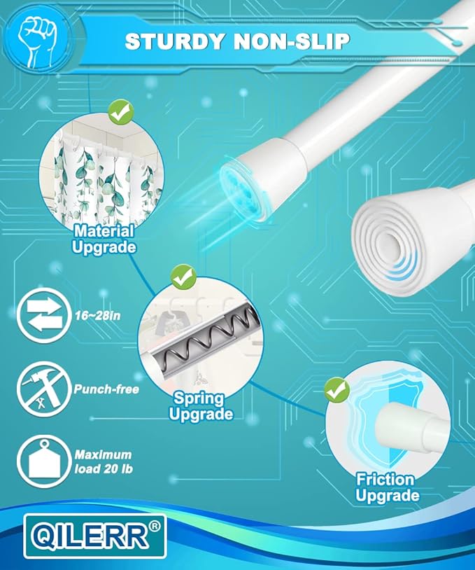Short Tension Rod 16 to 28 Inche Small Shower Curtain Rods No Drilling Adjustable Heavy Duty Extension Loaded Spring Tension Rod for Windows, Closets, Curtains, 7/8" Diameter, White
