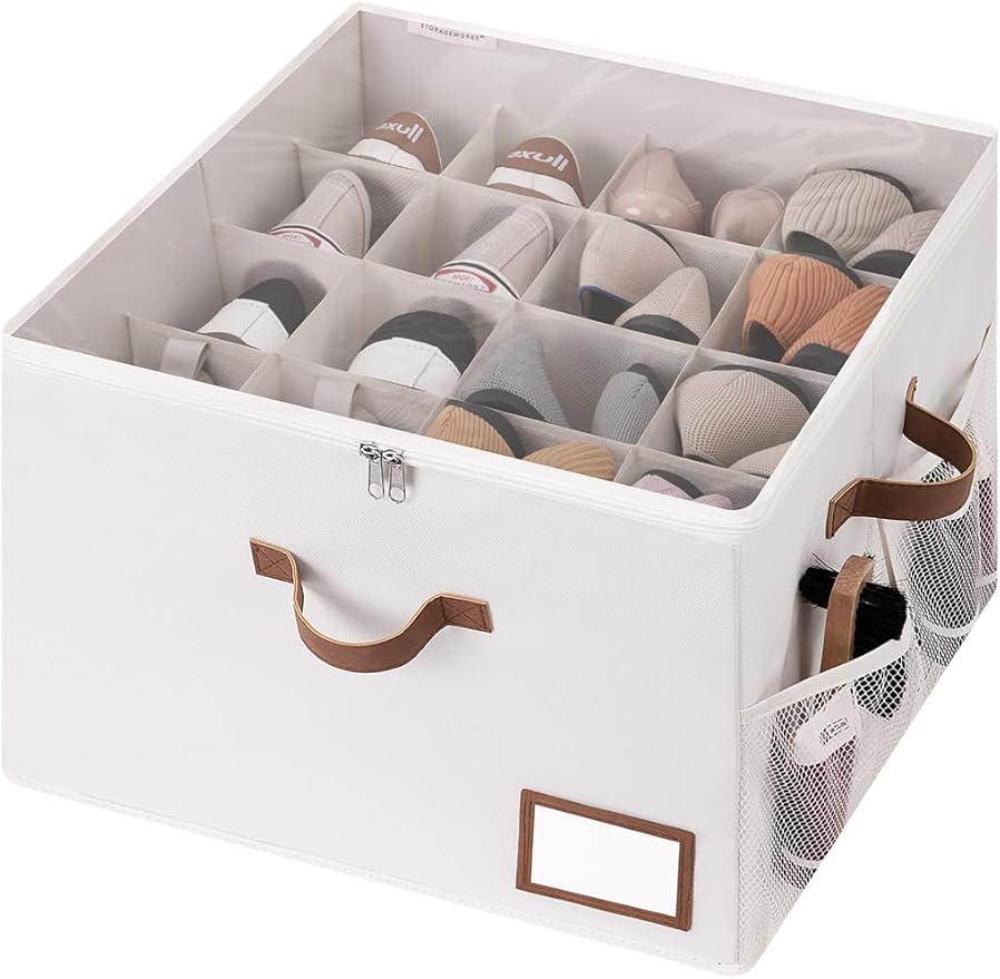 StorageWorks Shoe Organizer for Closet, Shoe Storage Bins with Clear Lid, Fabric Shoe Boxes with Side Mesh Pockets, Closet Shoe Organizer Bin for Slippers and Flats, Holds Up to 16 Pairs, Beige