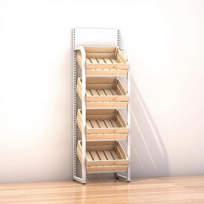 3/4 Tier Fruits & Vegetables Kitchen Shelf Rack Display,Retail Snack Stand, Large Solid Wood Floor Multi-layer Storage Frame for Commercial Supermarket(G-4 Tier)