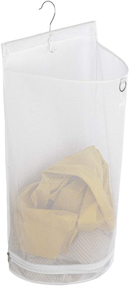 ALYER Hanging Semi Round Storage Mesh Bag,Collapsible Laundry Hamper Basket with Durable Hanger (White)