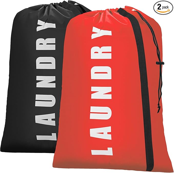 Isink Heavy Duty Laundry Bag with Strap,2 Pack Travel Laundry Bags for Dirty Clothes,24" x 36" Large Laundry Bag for Traveling,Camping,Dorm (Black + Red)