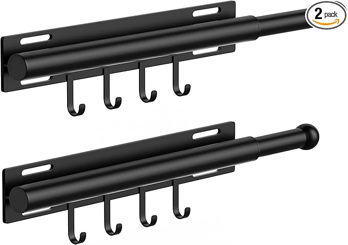 2 Pack Valet Rod for Closet Retractable with 4 Hooks, 13.4"-23.2" Pull Out Clothes Rail, Heavy Duty Alloy Steel Side Mount Wardrobe Bar, Adjustable Organizer for Laundry, Bathroom, Entrance (Black)