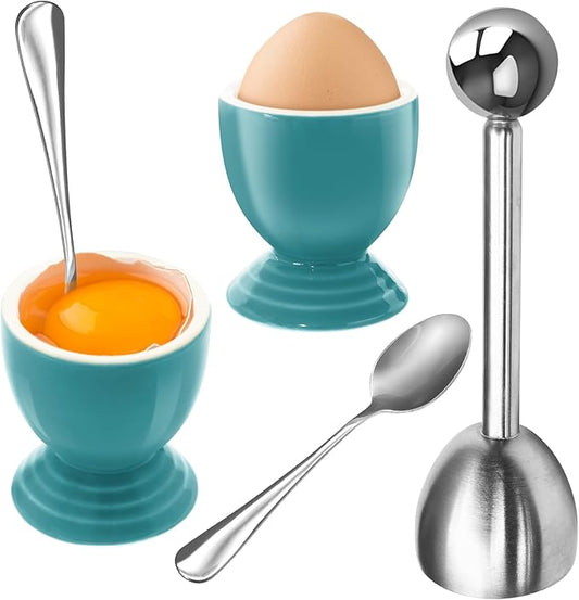 Colorful Soft Boiled Eggs Cups Set, 2 Ceramic Egg Stands and 1 Stainless Steel Egg Cutter, 2 Perfect Egg Spoons for Kitchen and Breakfast Host(Caribbean)
