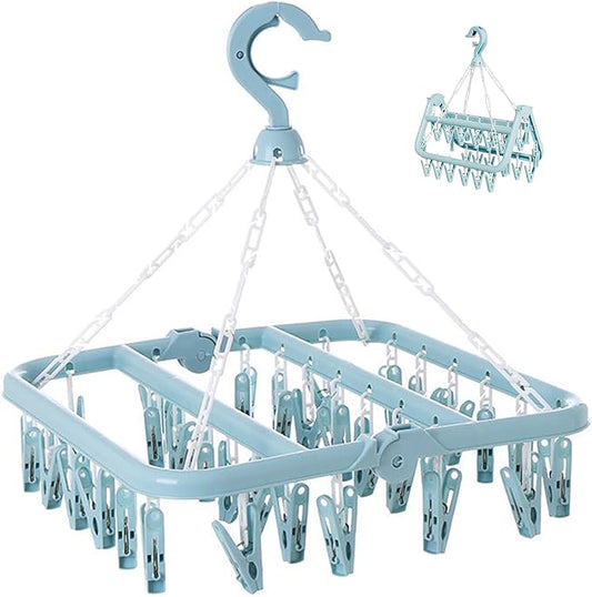 Clothes Drying Rack with 32 Clips, Foldable Hanging Rack, 360° Rotatable Hook for Drying Socks Baby Clothes Towels Gloves(Light Blue)