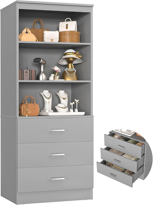 Aheaplus 23.6" Closet Drawers System, Wood Closet Organizer System with 3 Drawers, Modular Small Walk-in Closets Storage Unit, Grey (23.6" L x 13.8" W x 71" H)