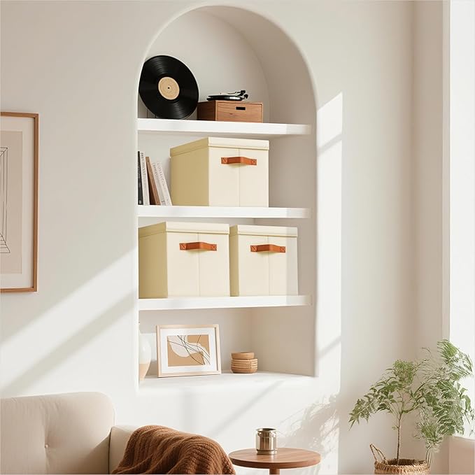 Homsorout Storage Bins with Lids - Fabric Storage Baskets for Shelves, 6 Pack Foldable Decorative Boxes with Handles, Stackable Organizer Bins for Home, Nursery, Dorm, Beige