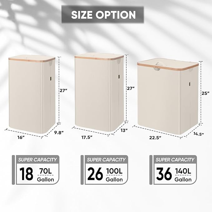 BALEINE Laundry Hamper with Lid, Tall Laundry Baskets with Bamboo Pull Handles, Large Laundry Bin with Internal Support (36 Gal/140L, Antique Foliage)