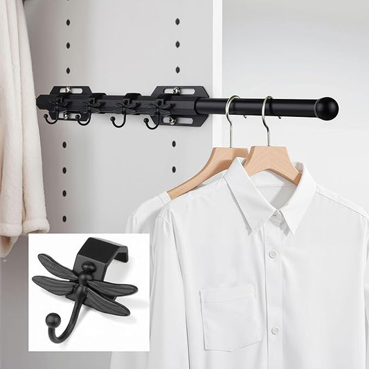 12" Valet Rod for Closet Pull Out with 4 Dragonfly-shaped Hooks, Black