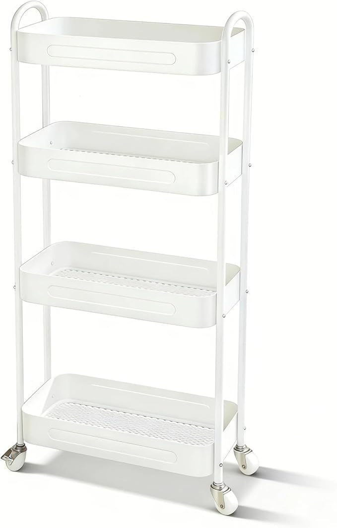 4 Tier Slim Kitchen Storage Cart for Narrow Space, 7.1'' Wide Metal Rolling cart with Wheels and Lockable Casters, Sturdy Mobile Thin Shelf for Laundry Room Between Washer and Dryer, White