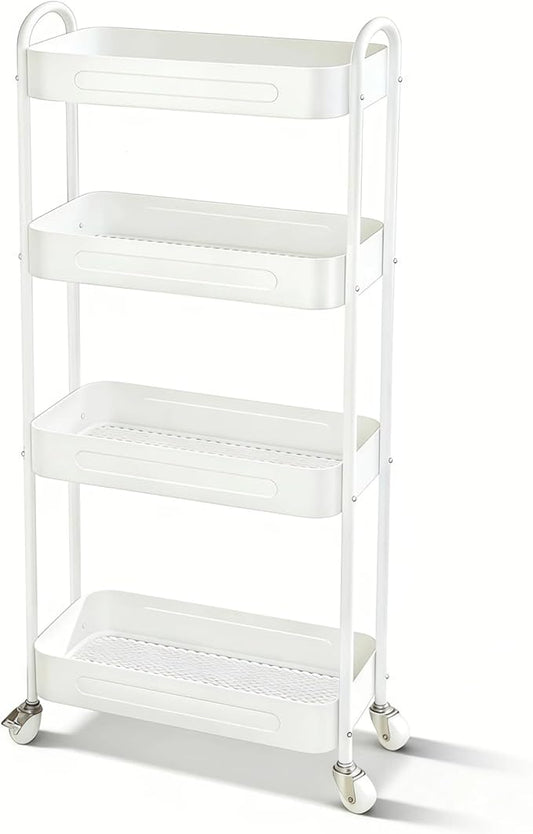 4 Tier Slim Kitchen Storage Cart for Narrow Space, 7.1'' Wide Metal Rolling cart with Wheels and Lockable Casters, Sturdy Mobile Thin Shelf for Laundry Room Between Washer and Dryer, White