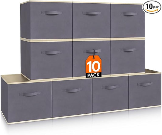 Lifewit Storage Cubes, Foldable Decorative Fabric Storage Baskets for Organizing Home Organizers with Handles for Shelves, Closet, 13 Inch Bins, 36L Gray, 10 Packs