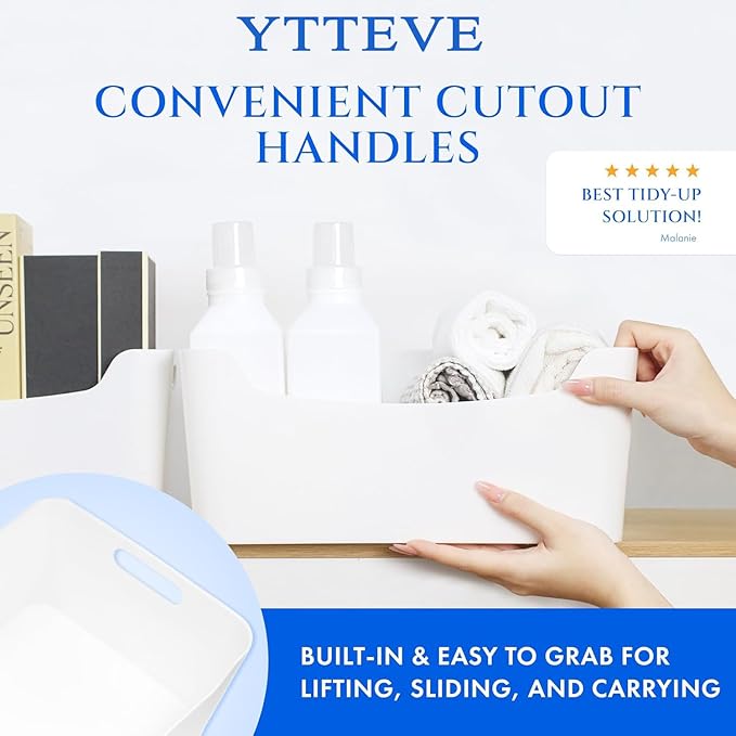 Ytteve XL - 4 Pack White Plastic Bins - 13.7 x 10.2 x 5.7 inch - Closet, Kitchen, Pantry, Bathroom & Office Storage Containers - Cabinet & Shelf Organizers