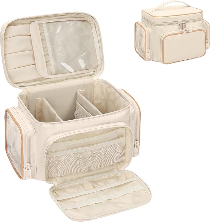 Bagmoly Large Makeup Bag, Portable Travel Makeup Bag Organizer for Women Girls with Makeup Brush Compartment & Two Side Pockets, Cosmetic Travel Bag Vertical Storage Toiletry - White