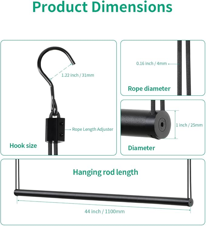 BaiNong Adjustable Closet Hanging Rod Heavy Duty 44'' Black (Black, 44 Inch)