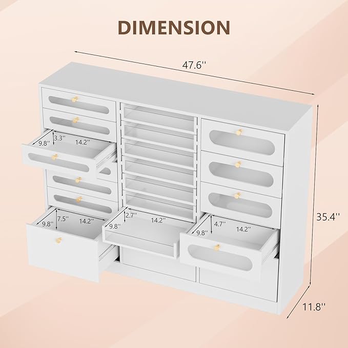 OmySalon Nail Polish Organizer Cabinet with Drawers, 47.2" L Large Nail Salon Storage for Polish & Powder, 7 Clear & 10 Visual Drawers, Wooden Beauty Salon Furniture (White)