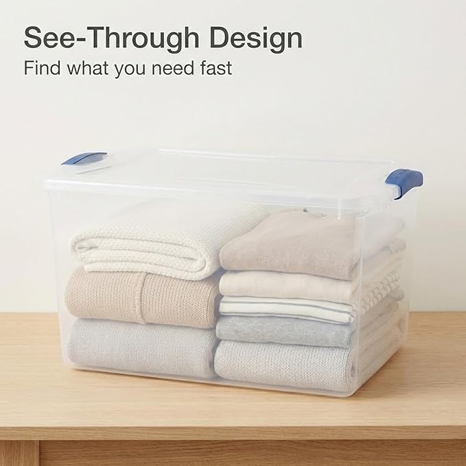66 Qt Storage Bins with Lids, 2 Pack Large Clear Plastic Storage Containers with Secure Blue Latches, Stackable Clear Totes for Sports Equipment