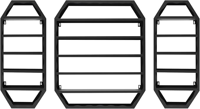 Wall-Mounted Nail Polish Storage Racks, 3PCS Multi-Tiers Metal Cosmetic Display Rack Lipstick Perfume Display Rack with 1 Middle Rack & 2 Side Racks for Spa Nail Salon Shop (Black)