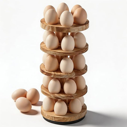 lotoo Wooden Egg Holder Countertop, 5-Tier Egg Rack for Gathering 30 Fresh Eggs, 360° Rotating Spiral Egg Storage Organizer for Kitchen Counter, Farmhouse, Easter Egg Collector, Large Capacity