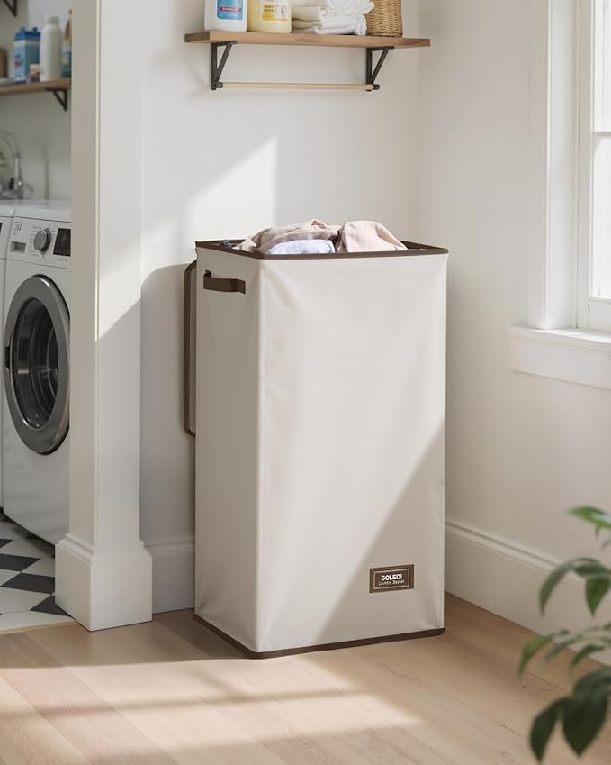 SOLEDI Clothes Hamper with Lid - 100L XL - Large Laundry Basket with Removable Bag, Collapsible Laundry Baskets, Convenient Storage - Hampers for Laundry for Bedroom, Bathroom, Closet, Dorm, Off-White
